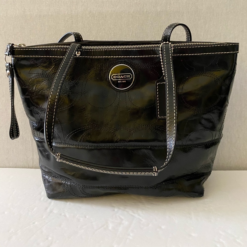 Coach Signature Black Patent Leather Tote
